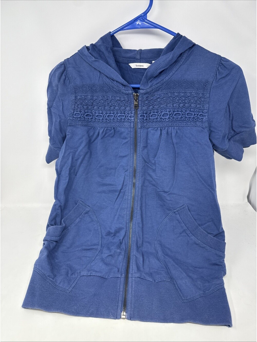 Blue Bossini Size Small Short Sleeve Zip Up Shirt With Hoodie